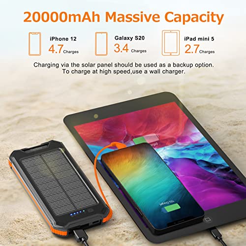 Damipow Portable Charger Solar Charger Power Bank 20000mAh with Built-in USB C & Micro B Cables, iOS Adapter, Flashlight, Waterproof External Battery Pack for for iPhone & Android