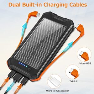 Damipow Portable Charger Solar Charger Power Bank 20000mAh with Built-in USB C & Micro B Cables, iOS Adapter, Flashlight, Waterproof External Battery Pack for for iPhone & Android