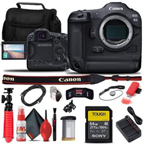 canon eos r3 mirrorless camera (4895c002) + sony 64gb tough sd card + card reader + case + flex tripod + hand strap + cap keeper + memory wallet + cleaning kit (renewed)