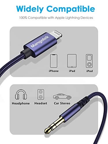 Mangotek Replacement Aux Cord for iPhone, Braided MFi Aux to Lightning Cable iPhone Aux Adapter iPhone Aux Cord Audio for Car Stereo Headphone Speaker iPhone 14 13 12 Pro Max 7 8 Plus SE X XS XR