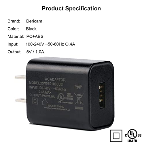 Dericam 5V 1A Micro USB Wall Charger, Android Charger Cable, 5 Volt 1000mA AC to DC Power Adapter for Charging of Android Smartphone/Kindle Fire, Security Camera, 5ft/1.5M Power Cord, US Plug(Black)