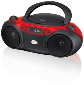 gpx, inc. portable top-loading cd boombox with am/fm radio and 3.5mm line in for mp3 device – red/black