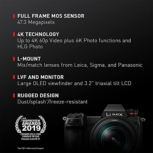 Panasonic LUMIX S1 Full Frame Mirrorless Camera with 24.2MP MOS High Resolution Sensor, 24-105mm F4 L-Mount S Series Lens, 4K HDR Video and 3.2” LCD - DC-S1MK