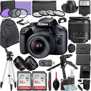 camera bundle for canon eos 4000d / rebel t100 dslr camera with ef-s 18-55mm f/3.5-5.6 iii lens and accessories kit (64gb, hand grip tripod, flash, and more) (renewed)