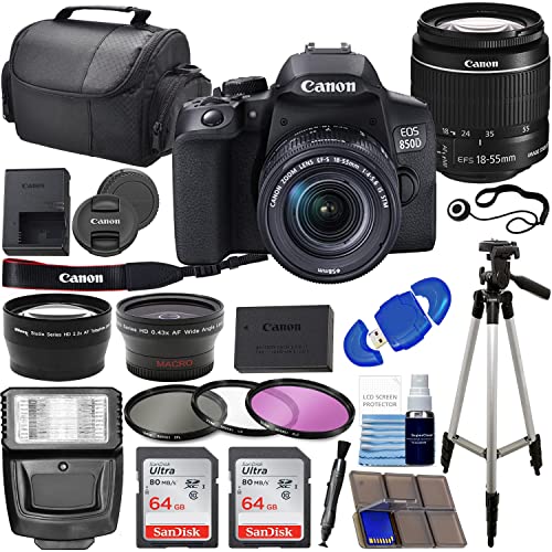 Camera EOS 850D (Rebel T8i) DSLR Camera w/with 18-55mm Lens Bundle with Wide Angle + Telephoto Lens + 128GB Memory + Case + Tripod + Filter Kit + Pro Kit