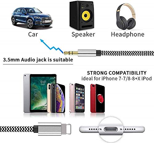 [Apple MFi Certified] iPhone to Car Stereo Cable, [3.3FT/1.0M] Lightning to 3.5mm AUX Audio Cord Compatible with iPhone 12/12 Pro/11/XS/XR/X 8 7 6/iPad, iPod to Home Stereo, Speaker, Headphone(Silver)