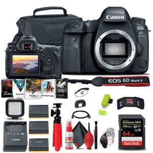 canon eos 6d mark ii dslr camera (body only) (1897c002) + 64gb memory card + case + photo software + 2 x lpe6 battery + card reader + light + flex tripod + hand strap + more (renewed)