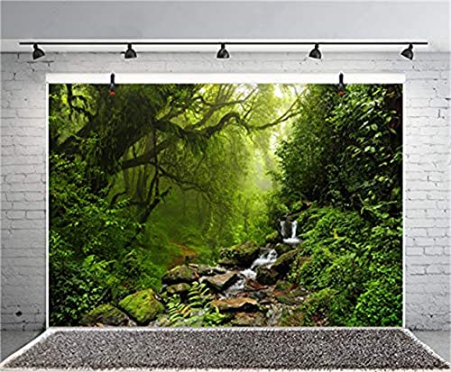 LFEEY 10x8ft Graceful Natural Scenery Backdrop Evergreen Forest Jungle Rock Flowing Mountain Stream Rainforest Photography Background Birthday Party Events Photo Studio Props