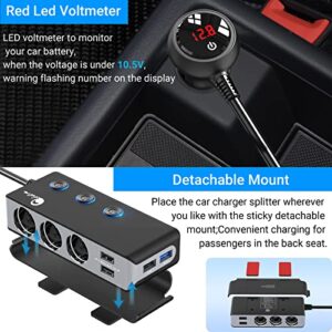 Quick Charge 3.0 Cigarette Lighter Splitter, Qidoe 3 Socket 180W Cigarette Lighter Adapter with 4 USB Fast Charging, DC 12V/24V Cigarette Outlet LED Voltmeter Independent Button for All Car Devices