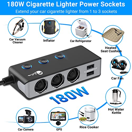 Quick Charge 3.0 Cigarette Lighter Splitter, Qidoe 3 Socket 180W Cigarette Lighter Adapter with 4 USB Fast Charging, DC 12V/24V Cigarette Outlet LED Voltmeter Independent Button for All Car Devices