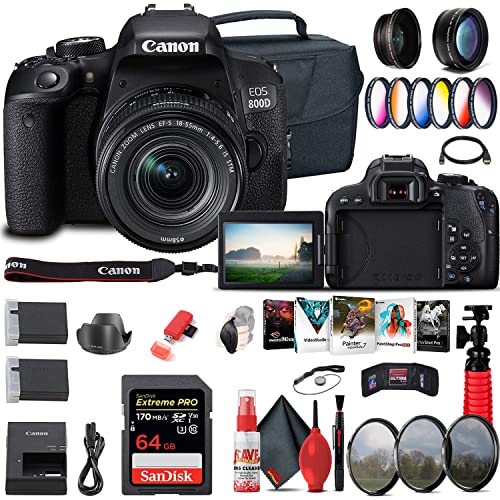 Canon EOS Rebel 800D/T7i DSLR Camera with 18-55 4-5.6 is STM Lens (1895C002), 64GB Card, Color Filter Kit, Case, Photo Software, LPE17 Battery, External Charger + More (Renewed)