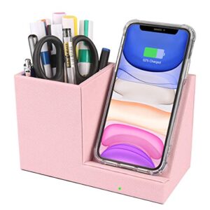 15w pink wireless charger,fast wireless charger desk stand,qi certified charging dock with pen holder storage for iphone 12/11/xs max/xr/xs/x/8, samsung s10/s9/s9+/s8/s8+/note 10（no ac adapter）