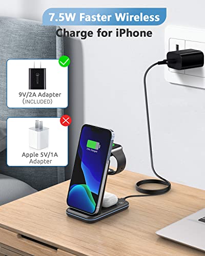 Wireless Charger, 3 in 1 Fast Wireless Charging Station, Wireless Charging Stand Dock 18W Foldable for Apple Watch SE/7/6/5/4/3/2 AirPods 3/2/Pro iPhone 13/12/11/Pro/XS/Xs Max/XR/X/SE/8/8 Plus