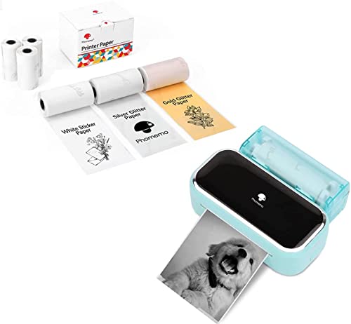 Phomemo M03 Green Portable Printer- Bluetooth Thermal Photo Printer with 6 Roll 2 Inch White/Gold Glitter/Silver Glitter Thermal Paper, Compatible with iOS + Android for Photos, Journalist, Work, Plan