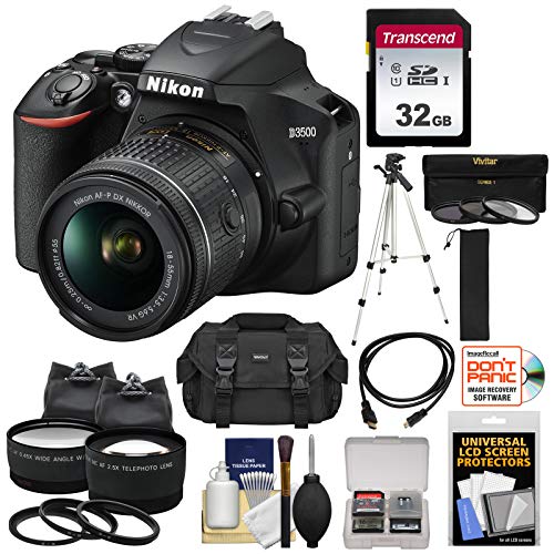 Nikon D3500 Digital SLR Camera & 18-55mm VR DX AF-P Lens with 32GB Card + Case + Tripod + 2 Lens Kit (Renewed)