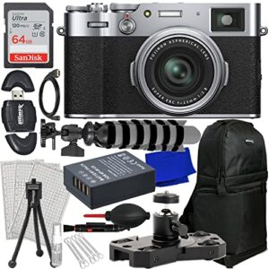 phoenixphoto fujifilm x100v digital camera silver+sandisk 64gb ultra sdxc,spare battery,portable mini metal camera dolly,water-resistant sling backpack,mini”gripster” tripod&much more (23pc bundle)