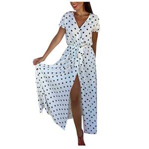ximin women’s fashion casual short sleeve v-neck low cut printed polka dot dress beach maxi dress (white, size:l)