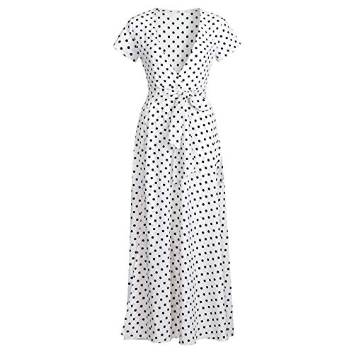 XIMIN Women's Fashion Casual Short Sleeve V-Neck Low Cut Printed Polka Dot Dress Beach Maxi Dress (White, Size:L)