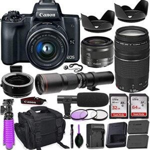 canon eos m50 mirrorless camera (black) w/m-adapter & canon lenses – ef-m 15-45mm f/3.5-6.3 is stm and ef 75-300mm f/4-5.6 iii + 500mm preset telephoto lens + deluxe travel accessory bundle (renewed)