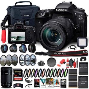 canon eos 90d dslr camera with 18-135mm lens (3616c016) + ef-s 55-250mm lens + 64gb memory card + case + corel photo software + 2 x lpe6 battery + external charger + card reader + more (renewed)