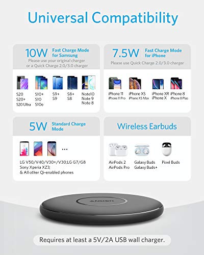 Anker 10W Max, 313 Wireless Charger (Pad), Qi-Certified Wireless Charging for iPhone 14/14 Pro/14 Plus/14 Pro Max, Fast Charging Galaxy S20 S10 S9 S8, Note10 (No AC Adapter)