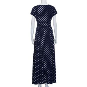 XIMIN Women's Fashion Casual Short Sleeve V-Neck Low Cut Printed Polka Dot Dress Beach Maxi Dress (Navy, Size:M)