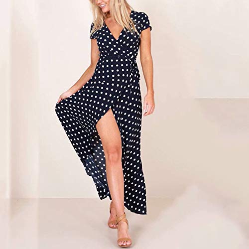 XIMIN Women's Fashion Casual Short Sleeve V-Neck Low Cut Printed Polka Dot Dress Beach Maxi Dress (Navy, Size:XXL)