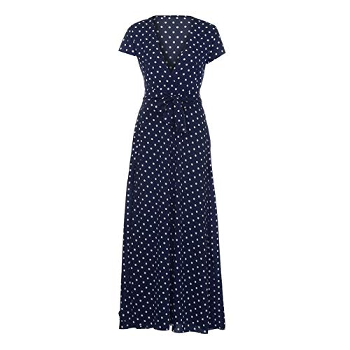 XIMIN Women's Fashion Casual Short Sleeve V-Neck Low Cut Printed Polka Dot Dress Beach Maxi Dress (Navy, Size:XXL)