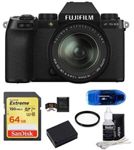 fujifilm x-s10 mirrorless digital camera with 18-55mm lens bundle, includes: sandisk 64gb extreme memory card, spare battery, uv filter, card reader, memory card wallet and lens cleaning kit (7 items)
