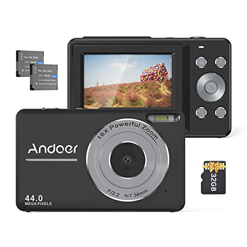 Andoer Docooler Portable 1080P Digital Camera 44MP Auto Focus 2.5 IPS Screen 16X Digital Zoom Anti-Shake Face Detect Smile Capture with 32GB Memory Card 2pcs Batteries for Kids