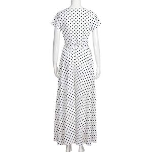 XIMIN Women's Fashion Casual Short Sleeve V-Neck Low Cut Printed Polka Dot Dress Beach Maxi Dress (White, Size:XXXXXL)