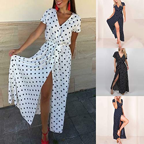 XIMIN Women's Fashion Casual Short Sleeve V-Neck Low Cut Printed Polka Dot Dress Beach Maxi Dress (White, Size:XXXXXL)