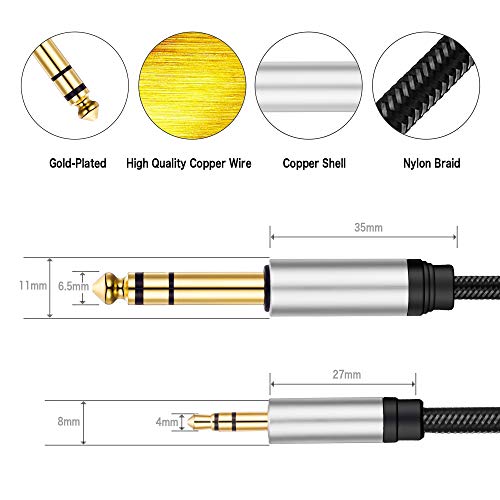 3.5 mm to 6.35 mm Audio Cable 10Ft, Gold-Plated Terminal Silver Color Zinc Alloy Housing 3.5mm 1/8" Male TRS to 6.35mm 1/4" Male TRS Nylon Braided Stereo Audio Cable for CellPhone, Amplifiers(10Ft/3M)