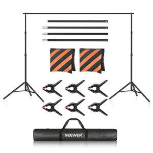 neewer backdrop stand 10ft x 7ft, adjustable photo studio backdrop support system for wedding parties background portrait photography with 4 crossbars, 6 clamps, 2 orange sandbags and carrying bag
