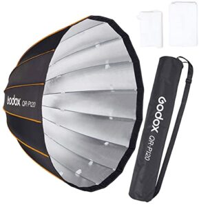 godox qr-p120 47 inch parabolic softbox bowens mount, quick-setup quick-folding, with front & inner diffuser and carrying bag for godox sl60w vl150 ul150 sl150ii sz150 and other bowen mount lights…