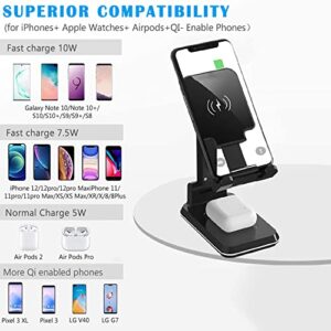 HINIDESPE Dual Wireless Charger Stand, 2 in 1 Charging Angle Height Adjustable Cell Phone Desk Holder Dock for iPhone 12/11/Xs/Max/X/8/8P AirPods, Samsung S10/S9/S8/Note10, black