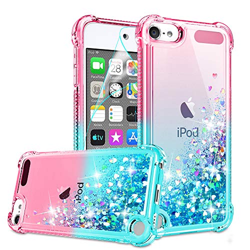 iPod Touch 7 Case, iPod Touch 6/Touch 5 Case with HD Screen Protector for Girls Women, Gritup Cute Clear Gradient Glitter Liquid TPU Slim Phone Case for Apple iPod Touch 7th/ 6th/ 5th Pink/Teal