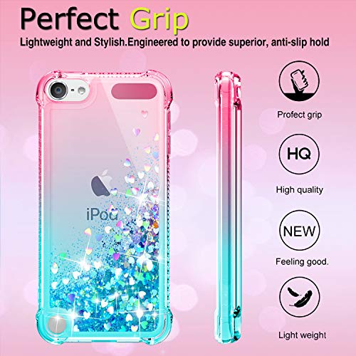 iPod Touch 7 Case, iPod Touch 6/Touch 5 Case with HD Screen Protector for Girls Women, Gritup Cute Clear Gradient Glitter Liquid TPU Slim Phone Case for Apple iPod Touch 7th/ 6th/ 5th Pink/Teal