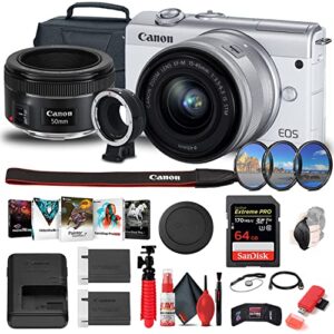 canon eos m200 mirrorless digital camera with 15-45mm lens (white) (3700c009) + canon ef-m lens adapter + canon ef 50mm lens + 64gb card + case + photo software + more (renewed)