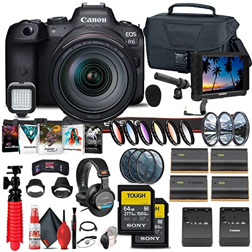 Canon EOS R6 Mirrorless Digital Camera with 24-105mm f/4L Lens (4082C012) + 4K Monitor + Pro Headphones + Pro Mic + 2 x 64GB Tough Card + Color Filter Kit + Case + Filter Kit + More (Renewed)