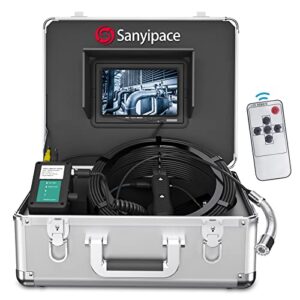 sanyipace sewer camera, remote control, 1080p fhd, zoom in, 100ft/30m, sapphire lens, battery level display, 12 adjustable white leds, 7” lcd screen, plumbing drain camera, 16gb card, battery powered