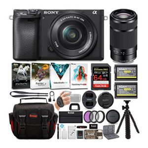 sony a6400 mirrorless digital camera bundle : 16-50mm lens, 55-210mm lens, 64 gb sdxc card, filter kit, batteries, usb charger, corel photo suite, messenger bag, and flex tripod bundle (9 items)