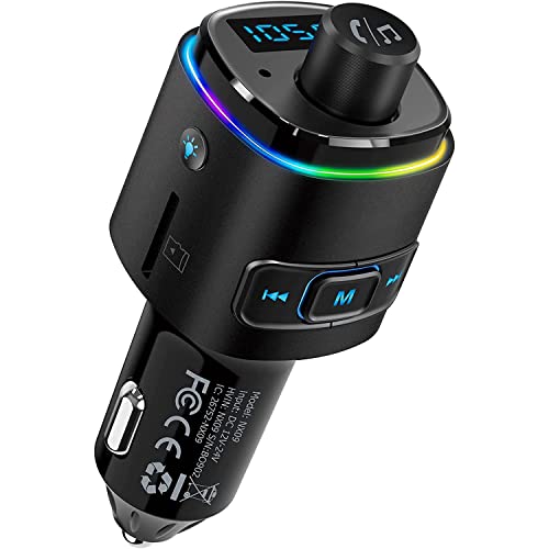 Nulaxy Bluetooth FM Transmitter for Car, 7 Color LED Backlit Bluetooth Car Adapter with QC3.0 Charging, USB Flash Drive, microSD Card, Handsfree Car Kit (B- Black)