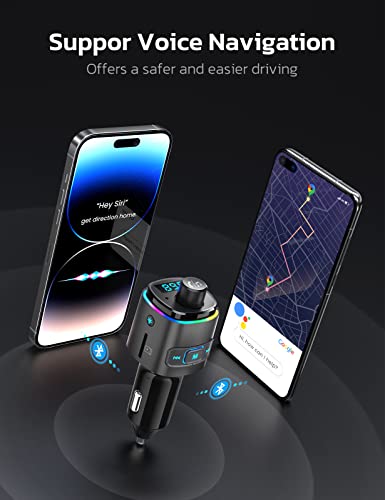 Nulaxy Bluetooth FM Transmitter for Car, 7 Color LED Backlit Bluetooth Car Adapter with QC3.0 Charging, USB Flash Drive, microSD Card, Handsfree Car Kit (B- Black)
