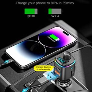 Nulaxy Bluetooth FM Transmitter for Car, 7 Color LED Backlit Bluetooth Car Adapter with QC3.0 Charging, USB Flash Drive, microSD Card, Handsfree Car Kit (B- Black)