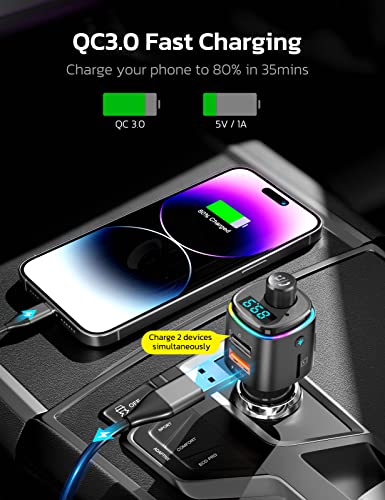 Nulaxy Bluetooth FM Transmitter for Car, 7 Color LED Backlit Bluetooth Car Adapter with QC3.0 Charging, USB Flash Drive, microSD Card, Handsfree Car Kit (B- Black)