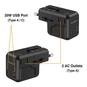 hyleton Universal Travel Adapter,20W USB C Charger Fast Charging PD QC 3.0 Port,European Travel Plug Adapter with 2 USA Socket,Includes Type A,C,G,I International Power Plug for US EU UK AUS (Black)