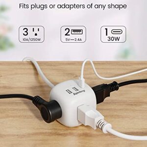 30W USB C Power Strip, Fast Charger with 3 Outlets & 30W PD Port, SUPERDANNY Mini Cube Charging Station with Flat Plug, 5 Ft Extension Cord, Travel Power Strip for Cruise, Dorm, Home, White