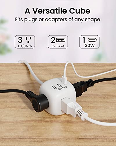 30W USB C Power Strip, Fast Charger with 3 Outlets & 30W PD Port, SUPERDANNY Mini Cube Charging Station with Flat Plug, 5 Ft Extension Cord, Travel Power Strip for Cruise, Dorm, Home, White