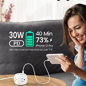 30W USB C Power Strip, Fast Charger with 3 Outlets & 30W PD Port, SUPERDANNY Mini Cube Charging Station with Flat Plug, 5 Ft Extension Cord, Travel Power Strip for Cruise, Dorm, Home, White